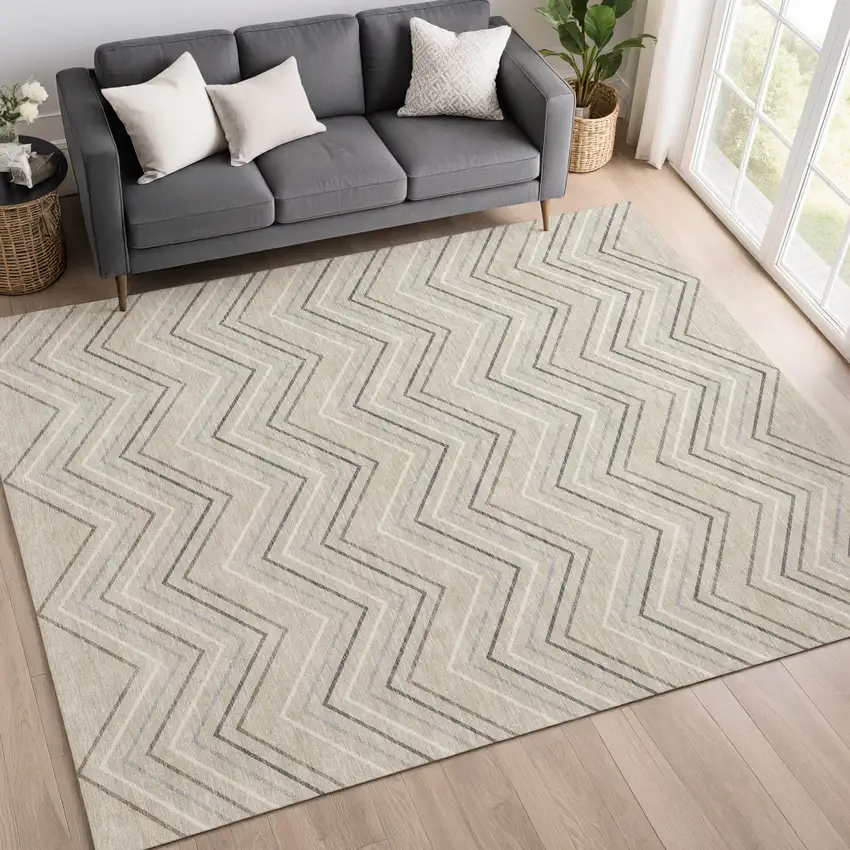 Beige Ivory And Gray Geometric Washable Indoor Outdoor Area Rug Photo 5