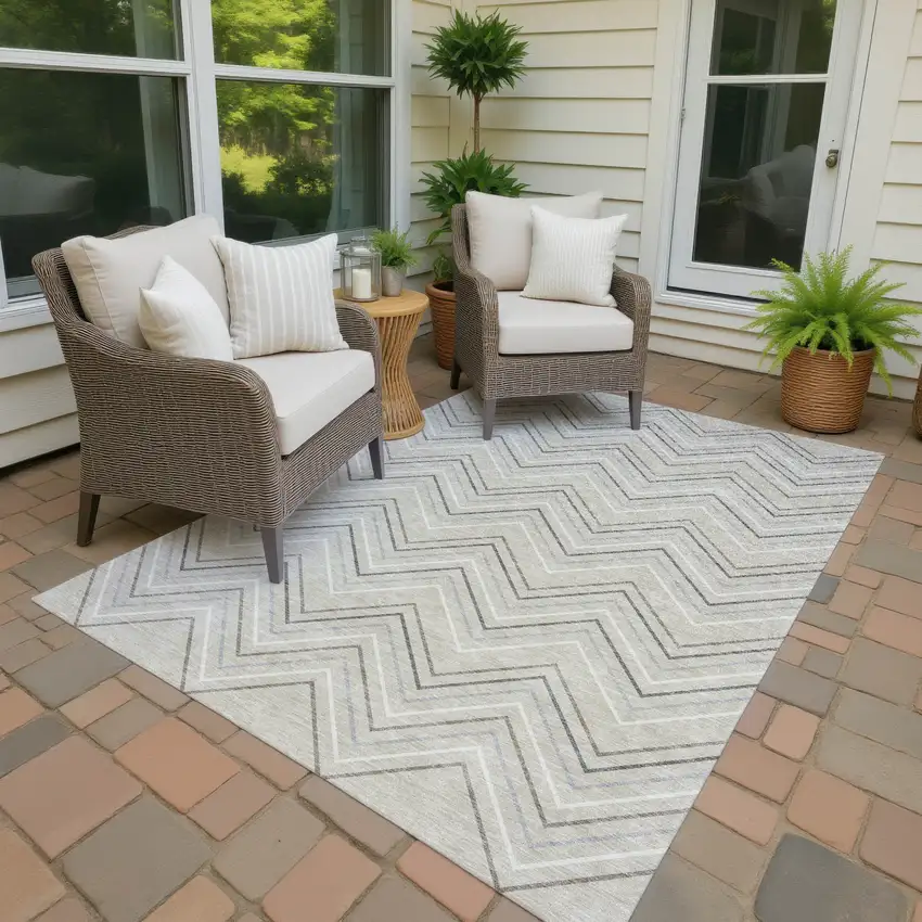 Beige Ivory And Gray Geometric Washable Indoor Outdoor Area Rug Photo 4