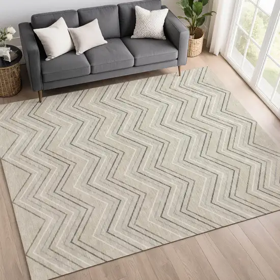 Beige Ivory And Gray Geometric Washable Indoor Outdoor Area Rug Photo 5