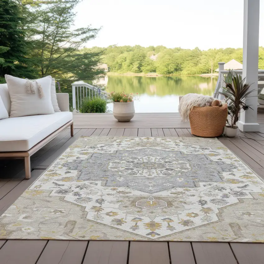 Beige Ivory And Gray Oriental Washable Indoor Outdoor Area Rug Photo 9