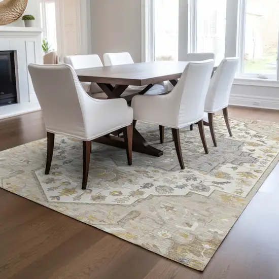 Beige Ivory And Gray Oriental Washable Indoor Outdoor Area Rug Photo 9