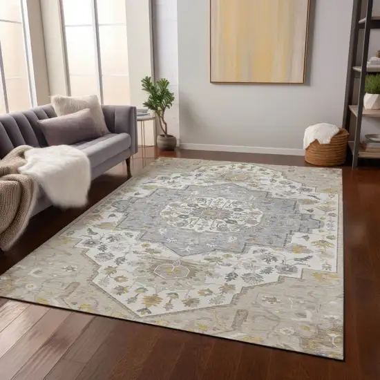 Beige Ivory And Gray Oriental Washable Indoor Outdoor Area Rug Photo 8