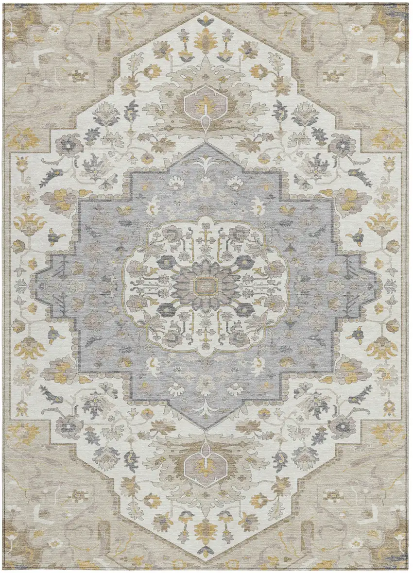 Beige Ivory And Gray Oriental Washable Indoor Outdoor Area Rug Photo 4