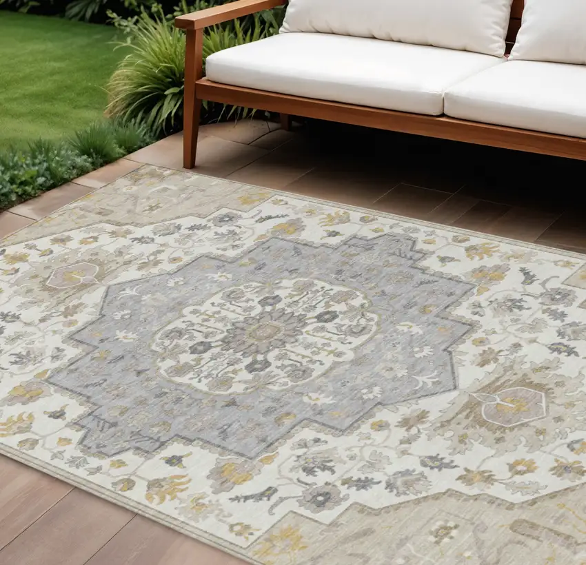 Beige Ivory And Gray Oriental Washable Indoor Outdoor Area Rug Photo 1