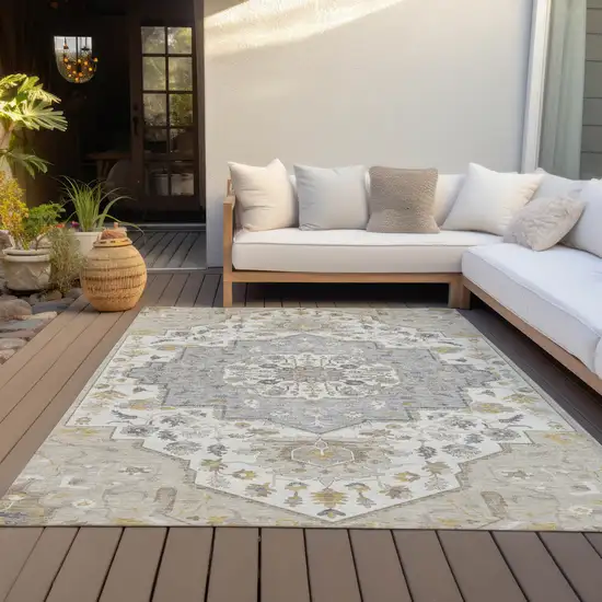 Beige Ivory And Gray Oriental Washable Indoor Outdoor Area Rug Photo 8