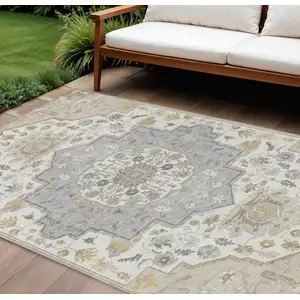 Photo of Beige Ivory And Gray Oriental Washable Indoor Outdoor Area Rug