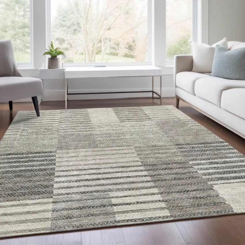 Beige Ivory And Gray Striped Washable Area Rug With UV Protection Photo 5