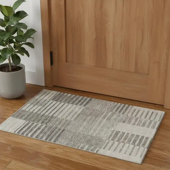 Beige Ivory And Gray Striped Washable Area Rug With UV Protection Photo 1