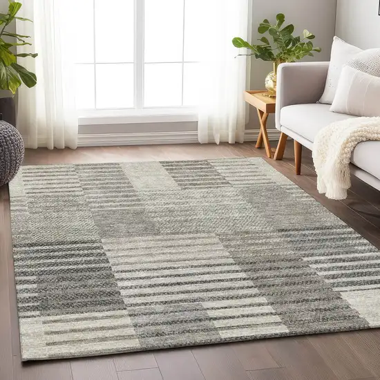 Beige Ivory And Gray Striped Washable Area Rug With UV Protection Photo 4