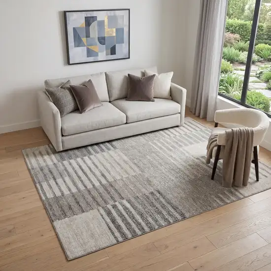 Beige Ivory And Gray Striped Washable Area Rug With UV Protection Photo 1