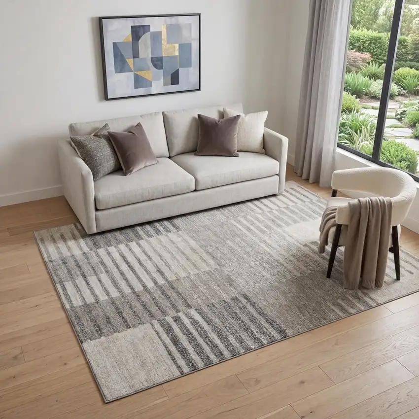 Beige Ivory And Gray Striped Washable Area Rug With UV Protection Photo 1