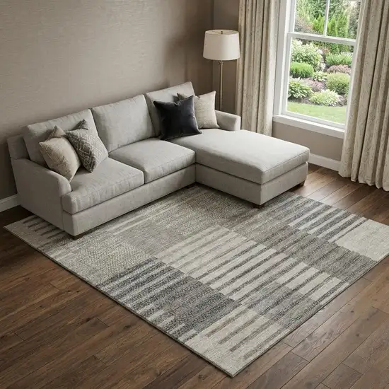 Beige Ivory And Gray Striped Washable Area Rug With UV Protection Photo 1