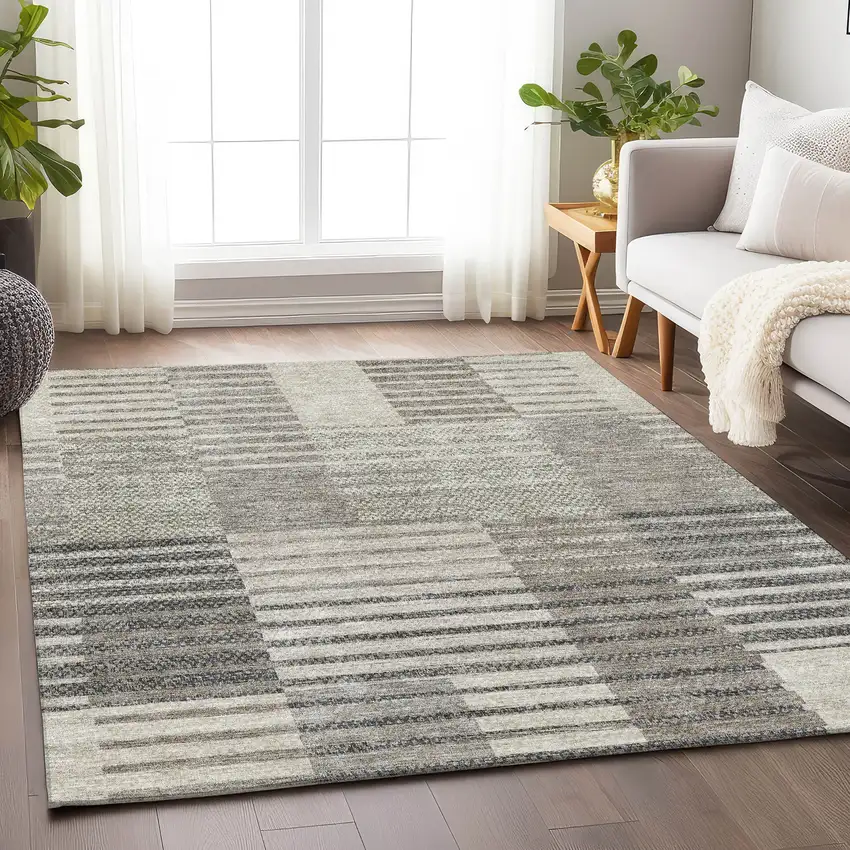 Beige Ivory And Gray Striped Washable Area Rug With UV Protection Photo 4
