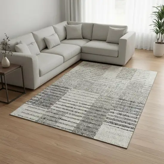 Beige Ivory And Gray Striped Washable Area Rug With UV Protection Photo 2