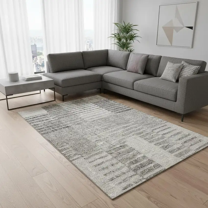 Beige Ivory And Gray Striped Washable Area Rug With UV Protection Photo 2