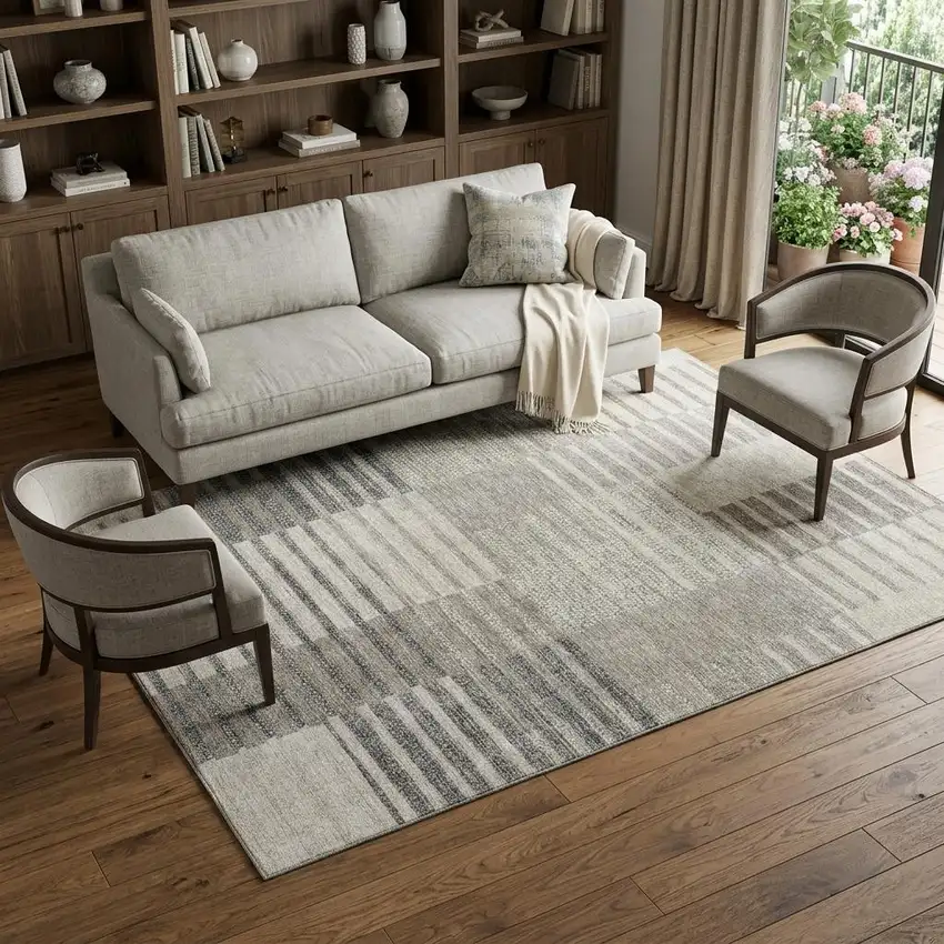 Beige Ivory And Gray Striped Washable Area Rug With UV Protection Photo 1