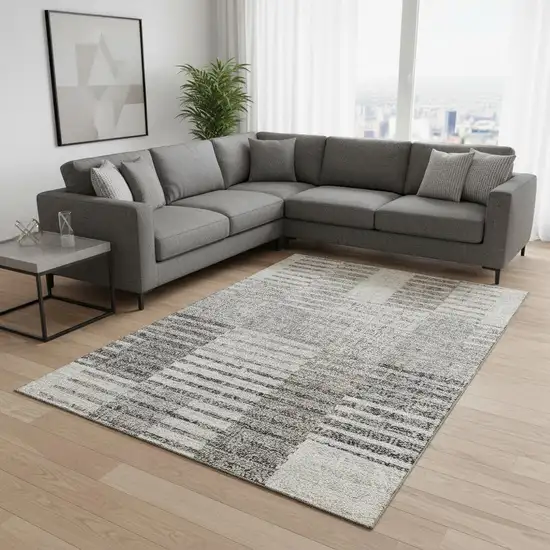 Beige Ivory And Gray Striped Washable Area Rug With UV Protection Photo 2