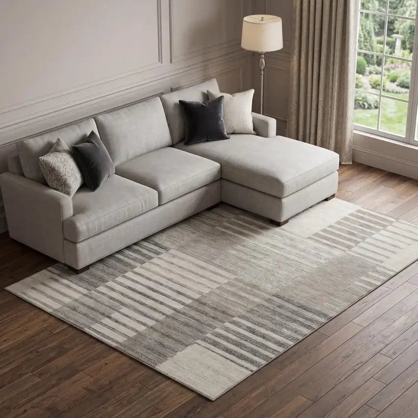 Beige Ivory And Gray Striped Washable Area Rug With UV Protection Photo 1