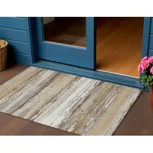 Photo of Beige Ivory And Gray Striped Washable Indoor Outdoor Area Rug