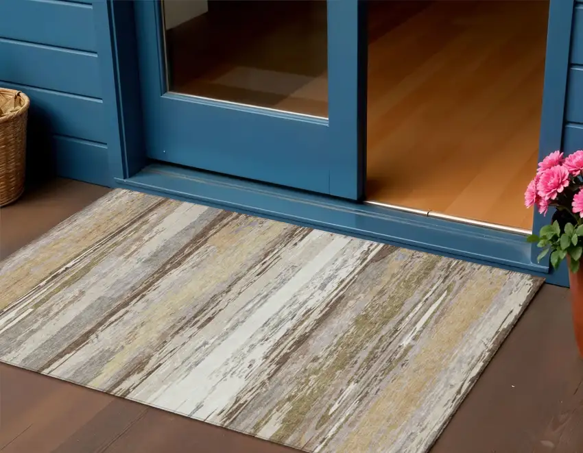 Beige Ivory And Gray Striped Washable Indoor Outdoor Area Rug Photo 1