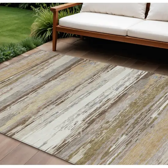 Beige Ivory And Gray Striped Washable Indoor Outdoor Area Rug Photo 1