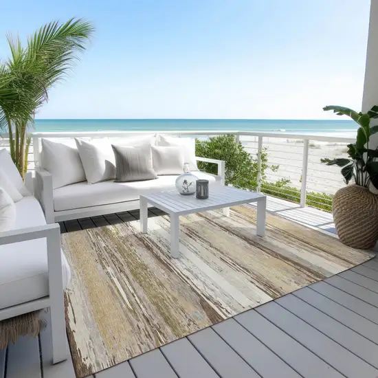 Beige Ivory And Gray Striped Washable Indoor Outdoor Area Rug Photo 9