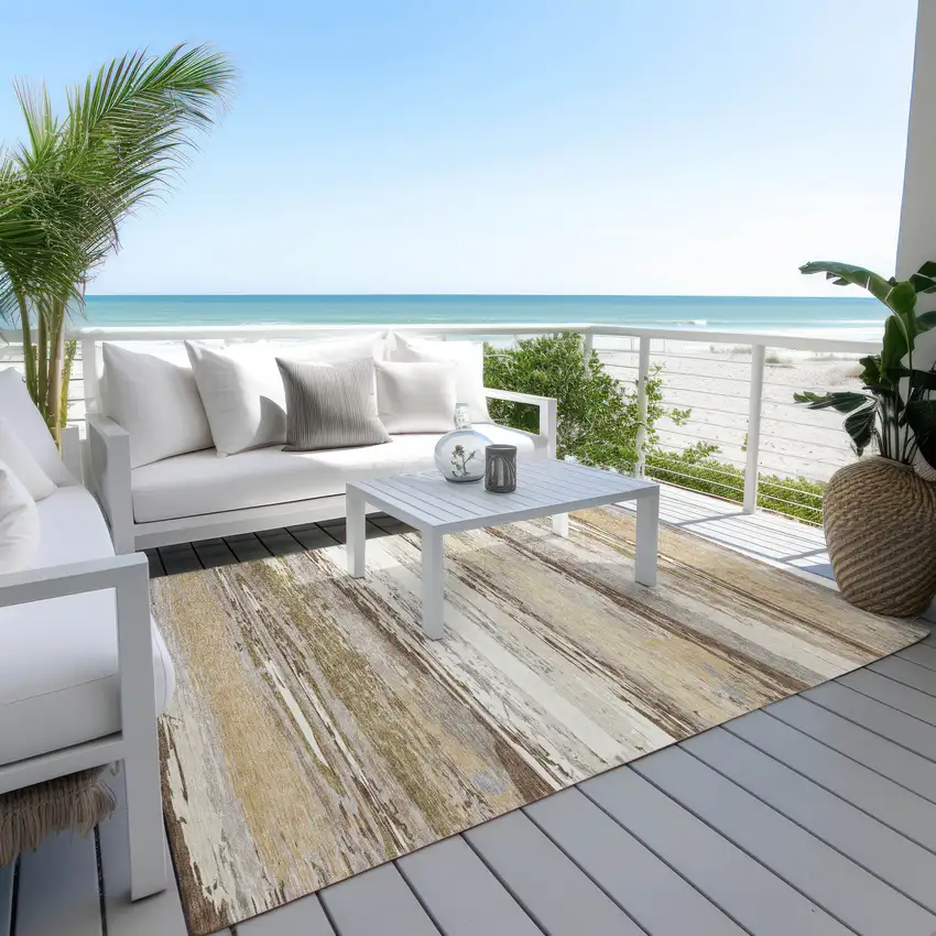 Beige Ivory And Gray Striped Washable Indoor Outdoor Area Rug Photo 9