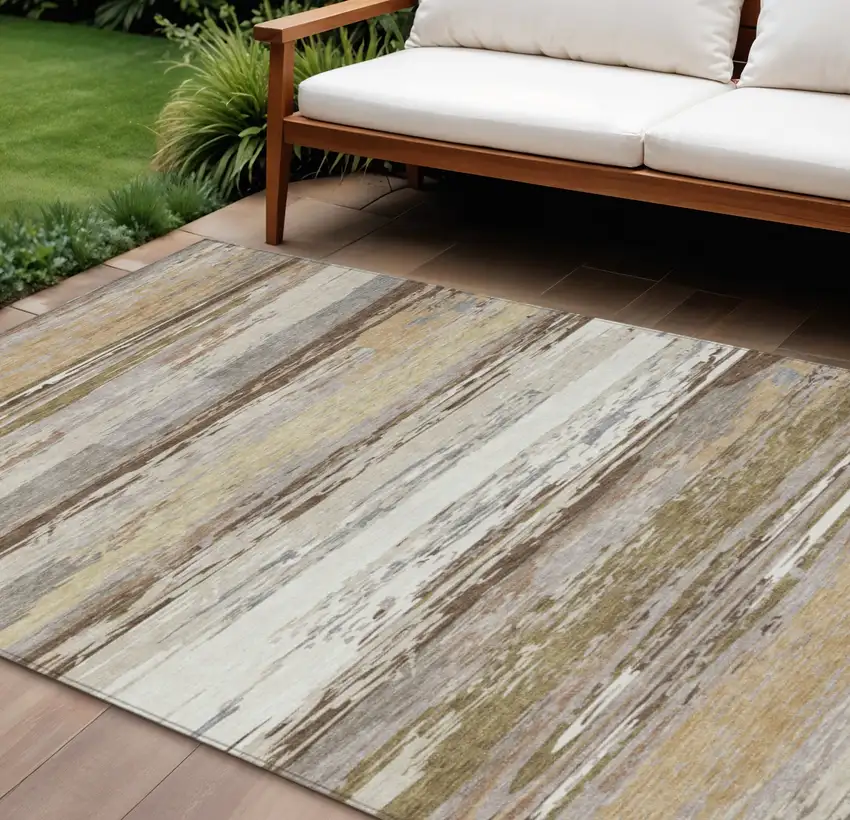 Beige Ivory And Gray Striped Washable Indoor Outdoor Area Rug Photo 1