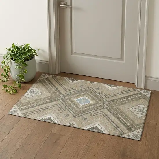 Beige Ivory And Gray Tribal Washable Area Rug With UV Protection Photo 1