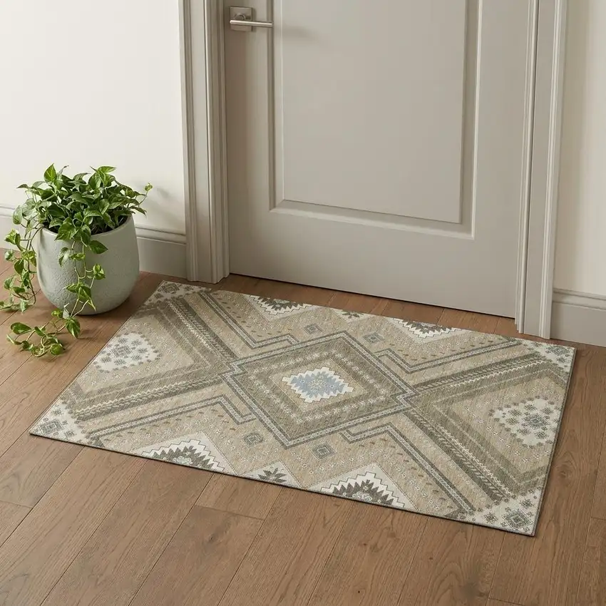 Beige Ivory And Gray Tribal Washable Area Rug With UV Protection Photo 1
