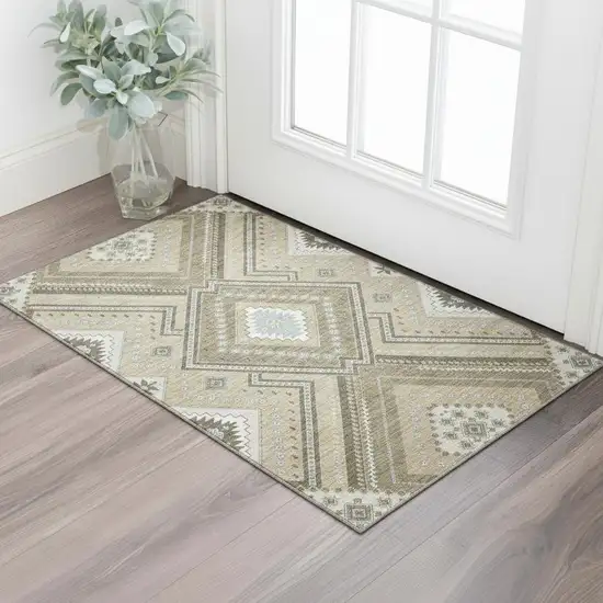 Beige Ivory And Gray Tribal Washable Area Rug With UV Protection Photo 2