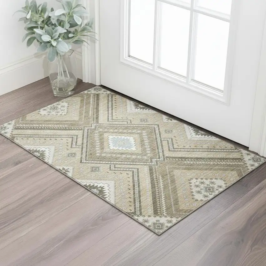 Beige Ivory And Gray Tribal Washable Area Rug With UV Protection Photo 2