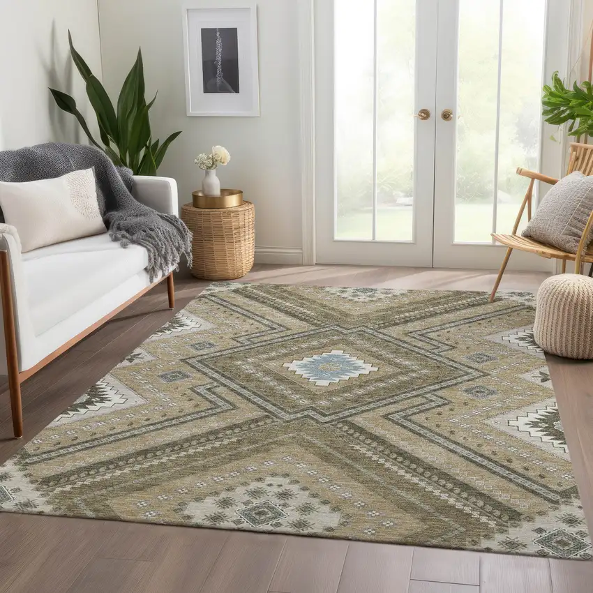 Beige Ivory And Gray Tribal Washable Area Rug With UV Protection Photo 5