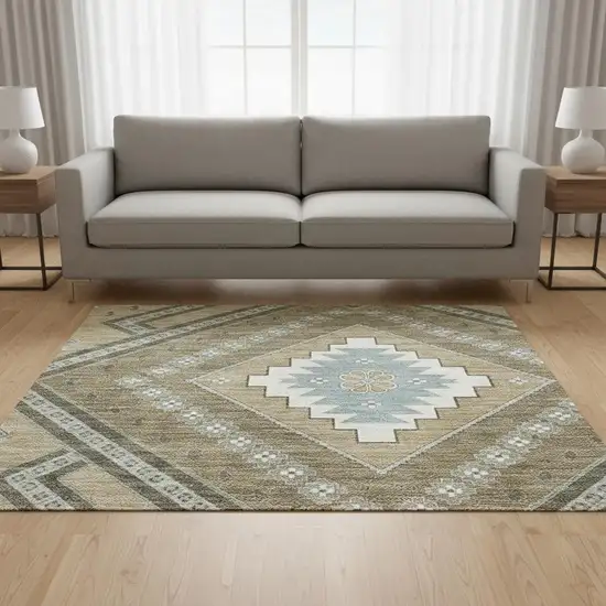 Beige Ivory And Gray Tribal Washable Area Rug With UV Protection Photo 2