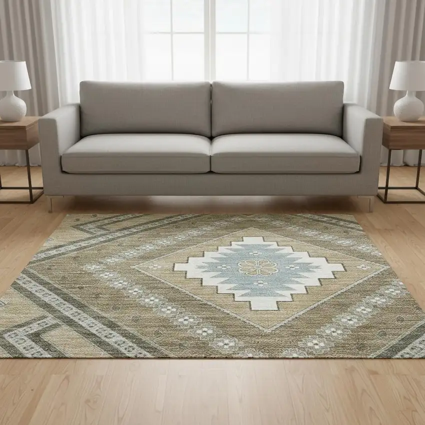 Beige Ivory And Gray Tribal Washable Area Rug With UV Protection Photo 2