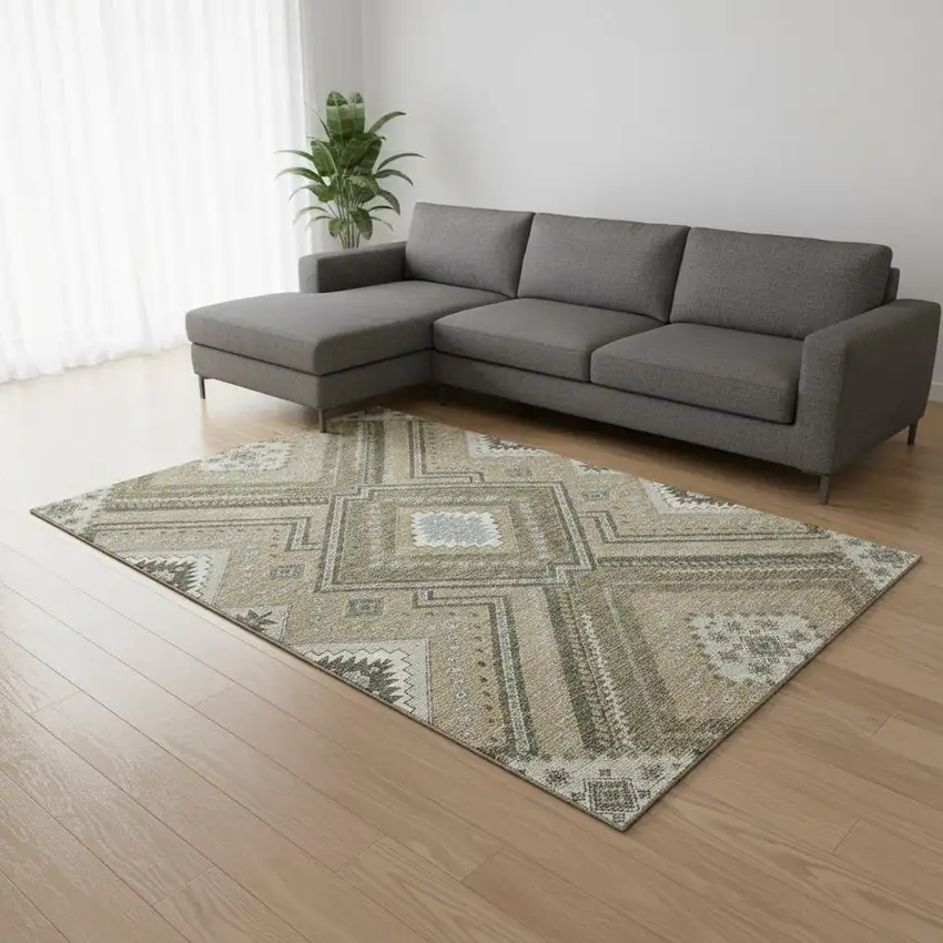 Beige Ivory And Gray Tribal Washable Area Rug With UV Protection Photo 2