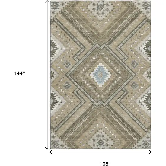 Beige Ivory And Gray Tribal Washable Area Rug With UV Protection Photo 9