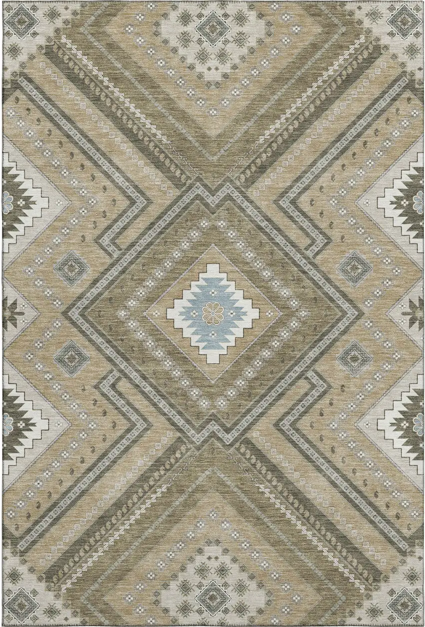 Beige Ivory And Gray Tribal Washable Area Rug With UV Protection Photo 1