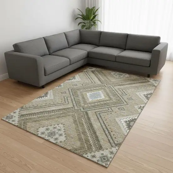 Beige Ivory And Gray Tribal Washable Area Rug With UV Protection Photo 2