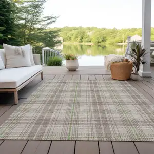 Photo of Beige Ivory And Green Plaid Washable Indoor Outdoor Area Rug
