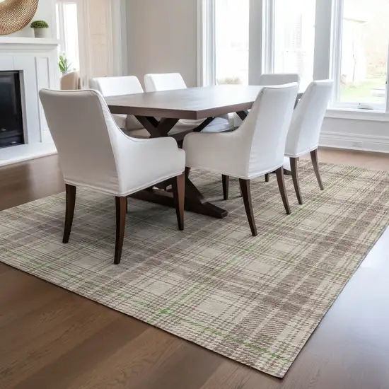 Beige Ivory And Green Plaid Washable Indoor Outdoor Area Rug Photo 9