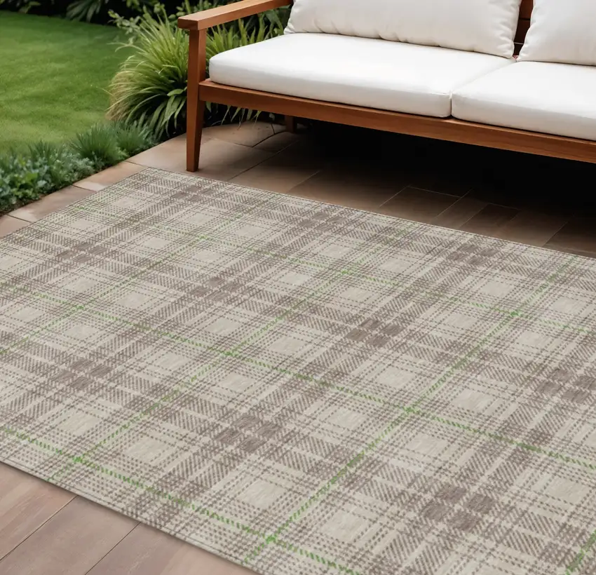 Beige Ivory And Green Plaid Washable Indoor Outdoor Area Rug Photo 1