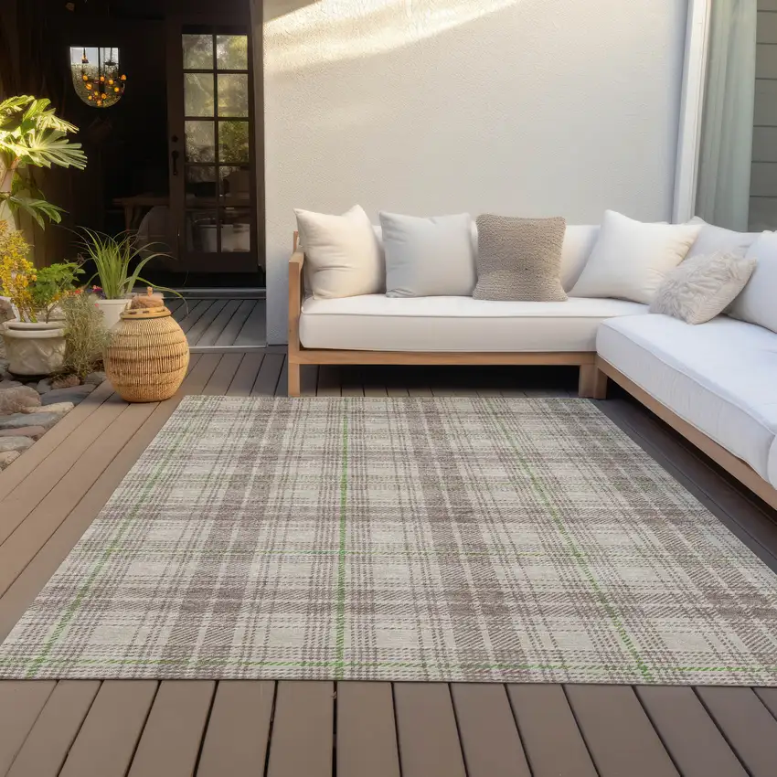 Beige Ivory And Green Plaid Washable Indoor Outdoor Area Rug Photo 6