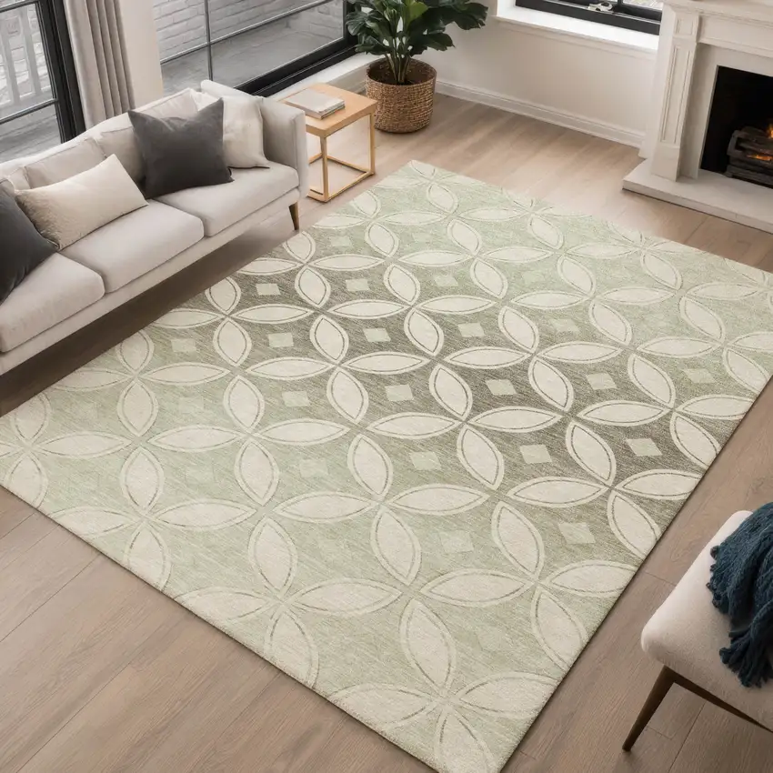 Beige Ivory And Sage Geometric Washable Indoor Outdoor Area Rug Photo 5