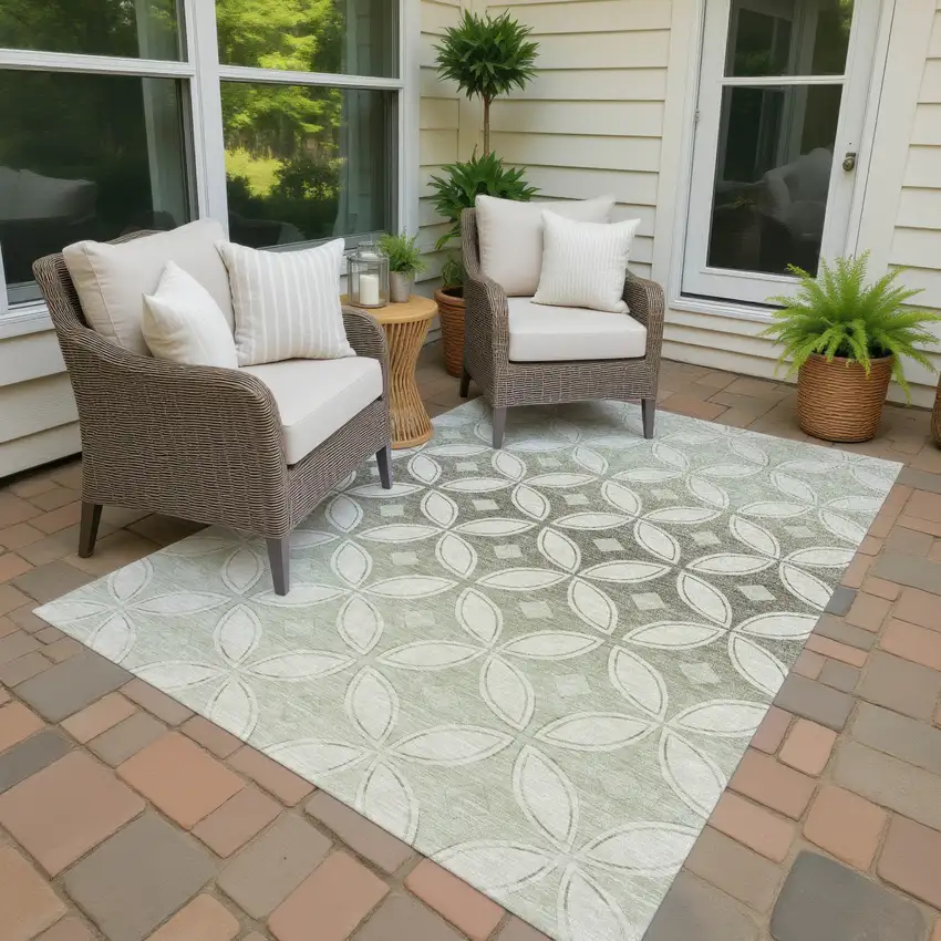Beige Ivory And Sage Geometric Washable Indoor Outdoor Area Rug Photo 4