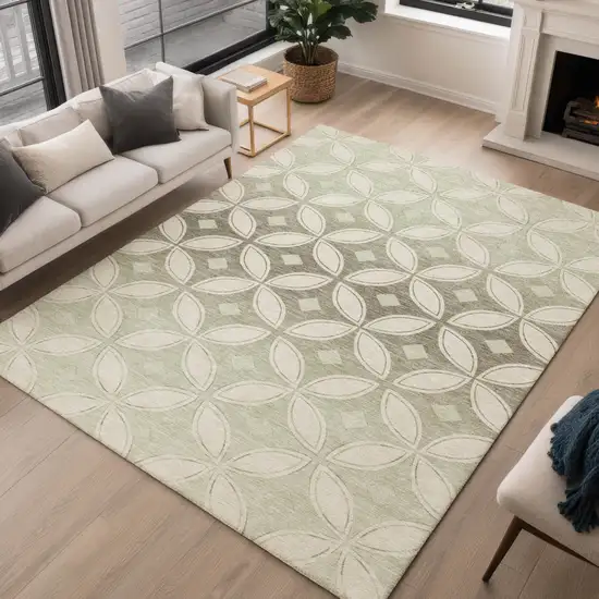 Beige Ivory And Sage Geometric Washable Indoor Outdoor Area Rug Photo 5