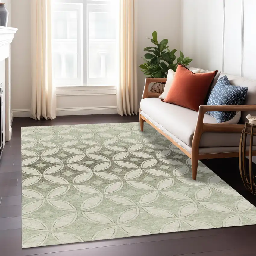Beige Ivory And Sage Geometric Washable Indoor Outdoor Area Rug Photo 6