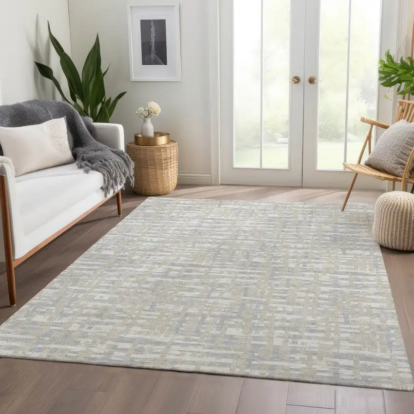 Beige Ivory And Silver Abstract Geometric Washable Area Rug With UV Protection Photo 5