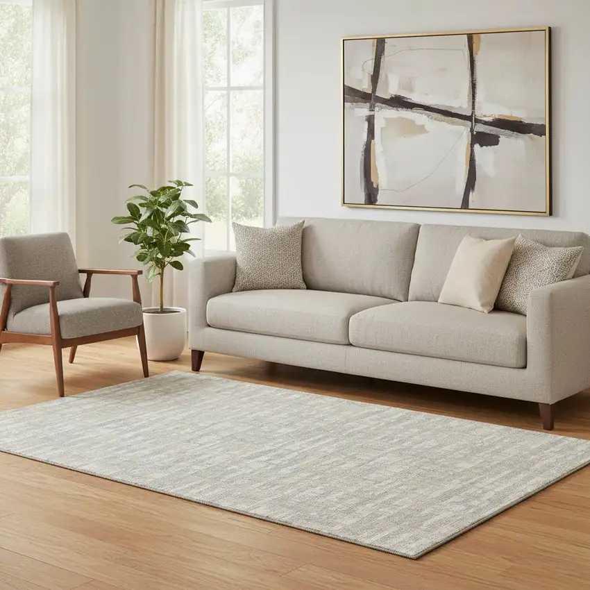 Beige Ivory And Silver Abstract Geometric Washable Area Rug With UV Protection Photo 2