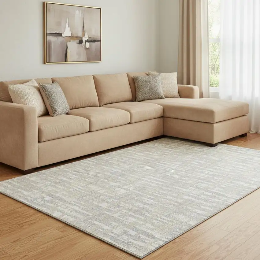 Beige Ivory And Silver Abstract Geometric Washable Area Rug With UV Protection Photo 2